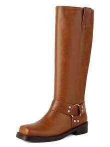 Women's Knee High Boots Pull On Riding Boots With Buckle Punk Boots For Women Fashion Squared Toe Chunky Heel Motorcycle Boots Low Heel Long Boots - màu nâu - Xem 5