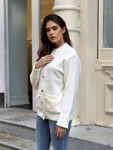 Women's Solid Color Round Neck Flared Sleeve Cinched Waist Knit Cardigan - White - View 4