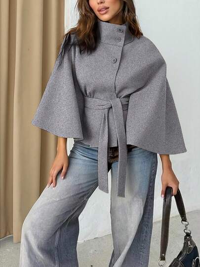 Women's Solid Color Front Button Tie Waist Woolen Cloak, Casual & Date Wear, Autumn/Winter Overcoat