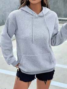 女士浅灰色连帽卫衣，加厚保暖羊毛内衬，套头款式，带袋鼠口袋，适合冬季穿着 - 淺灰色 - 查看 6