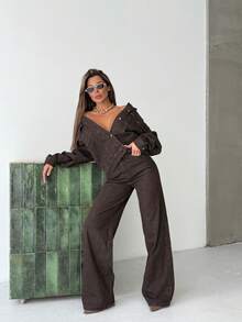 SQUALO Women's Vintage Washed Gray Spilt Straight Flared Jeans Vacation Y2K - Brown - View 8