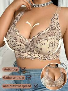 Plus Size Women's Underwire Bra, Breathable Non-Slip Lace Patchwork Lift & Support, Adjustable Straps, Seamless For Daily Wear - Apricot - View 3