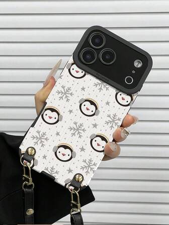 1 pieza Correa de hombro ajustable de cuero sintético PU + 1 pieza Funda de teléfono suave con textura y patrón de pingüino y copo de nieve, adecuada como regalo de cumpleaños, vacaciones para amigos, familia, pareja para modelos 17/11/12/13/14/15/16 Pro Max/16e/16 Plus/17 Pro/17 Pro Max/16 Pro/16