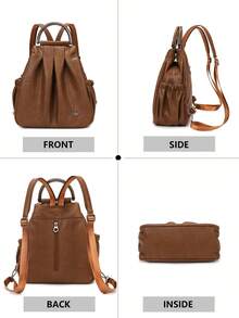 Mochila plegada de piel sintética marrón con asa de anillo metálico y decoración de camelia - Bolso casual de uso diario para mujeres - Multicolor - Ver 4
