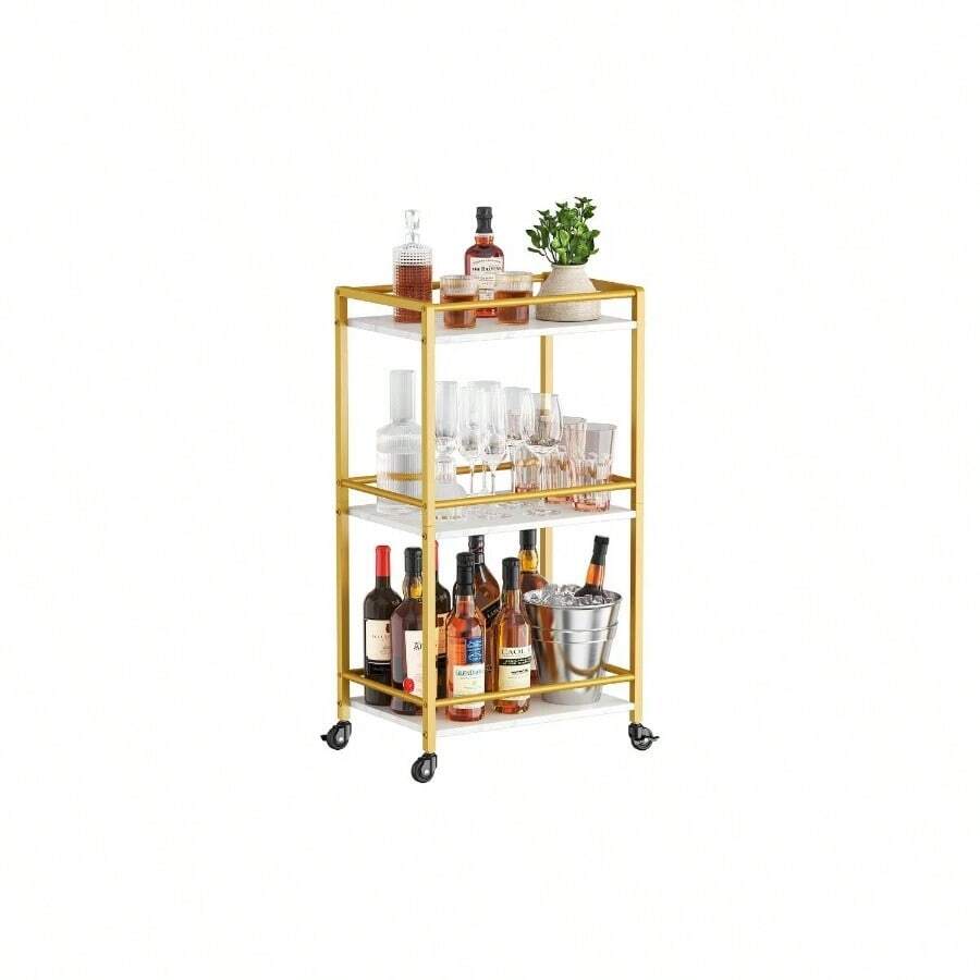 Bar Cart Home, 3 Tier Small Coffee Cart, Rolling Wine Cart With Lockable Wheels, Drink Serving Cart Kitchen, Living Room, 17x 11.8x 32.1 Gold