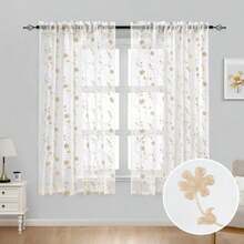 HOMEIDEAS Sheer Curtains 52 X 63 Inches Length 2 Panels Embroidered Leaf Pattern Pocket Faux Linen Floral Semi Sheer Voile Window Curtains/Drapes for Bedroom Living Room(132.1An x 160Al cm (2 Paneles) Blanco y amarillo) - Tipo 37 - Ver 3