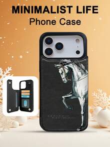 1PC White Horse Elegant Vintage Art Style Phone Case, TPU+PC Dual-Layer Material, Handcrafted Custom Design, Premium Fashionable Faux Leather Flip Wallet Card Holder Cover, Compatible With IPhone 17/16/15/14/13/12/X/PLUS/PRO/PROMAX, Galaxy S25/S24/S23/S22PLUS/Ultra, Waterproof Shockproof Scratch Resistant - 黑色 - 查看 1