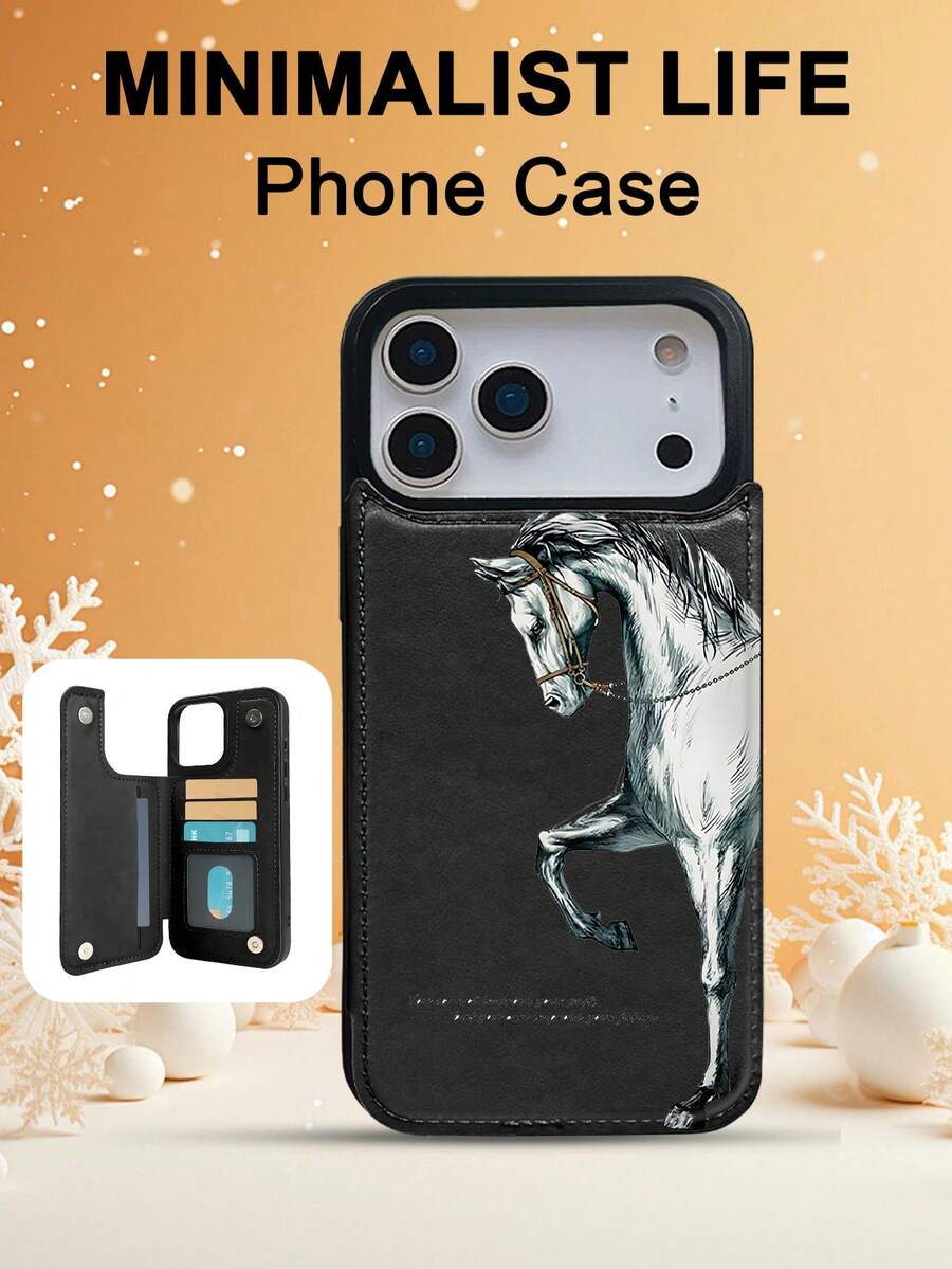 1PC White Horse Elegant Vintage Art Style Phone Case, TPU+PC Dual-Layer Material, Handcrafted Custom Design, Premium Fashionable Faux Leather Flip Wallet Card Holder Cover, Compatible With IPhone 17/16/15/14/13/12/X/PLUS/PRO/PROMAX, Galaxy S25/S24/S23/S22PLUS/Ultra, Waterproof Shockproof Scratch Resistant - 黑色 - 查看 1