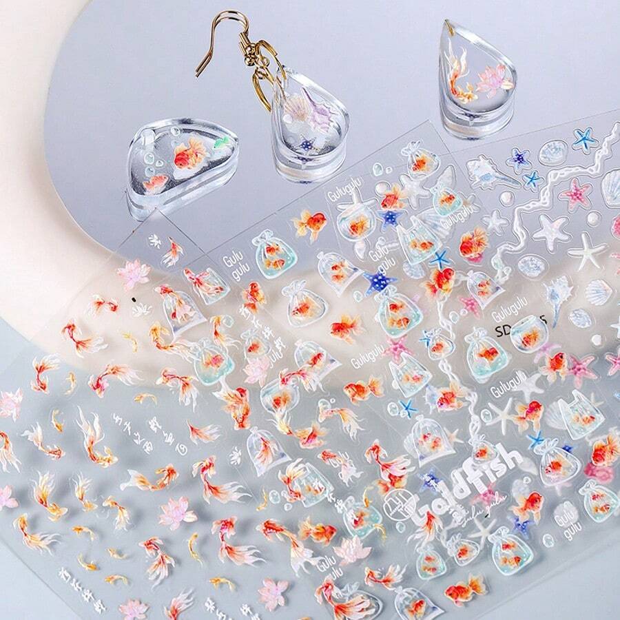 SMI Fine 1pc Adorable Starfish Koi Fish Decal 5D Jellyfish Ocean Fish Bubble Stickers Suitable For DIY Jewellery, Epoxy Resin Accessories - Clear - View 1
