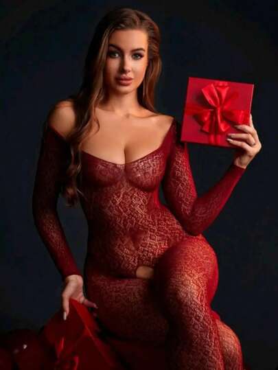 Body de encaje rojo sexy - Diseño de espalda abierta con mangas largas descubiertas de los hombros y medias de red de cintura alta, regalo romántico perfecto para la esposa, ropa interior elegante y cautivadora para adultos, body regalo romántico | Textura suave