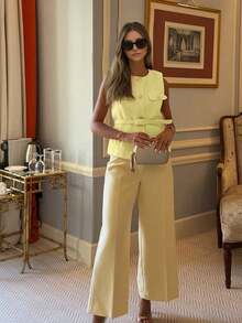 女士优雅无袖单排扣休闲时尚口袋装饰背心 - 黃色 - 查看 8