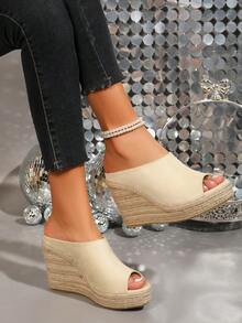 Pantuflas de mujer con cuña de cuerda de lino y punta abierta de peluche grande