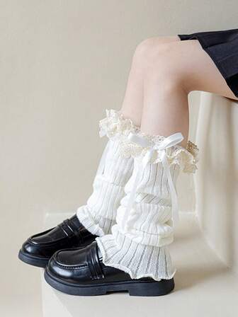 1 Pair S Size Girl Student Leg Warmers, Thick Warm Fashion Lace Ribbon Bow Leg Warmers, Autumn/Winter