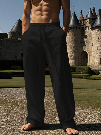1 pieza Pantalones de lino con cordón para hombres, pantalones casuales para todas las estaciones, uso diario casual, salidas de fin de semana, mezcla de lino, unicolor, tela de punto, pantalones de yoga y playa, un gran regalo para novios o esposos