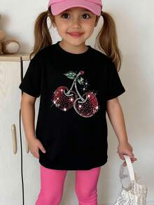 Girls' Cherry Print Round Neck Short Sleeve T-Shirt, Casual Style For Spring/Summer - Black - View 5