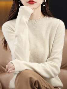 女士圆领长袖毛衣，秋冬季保暖柔软针织套头衫