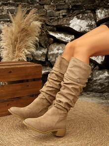 Khaki Tall Boots, Western Style Women's Pleated Over-The-Knee Boots With Buckle Strap Design, Suede Fabric, Comfortable Chunky Heel, Elegant & Versatile, Autumn/Winter - Khaki - View 11