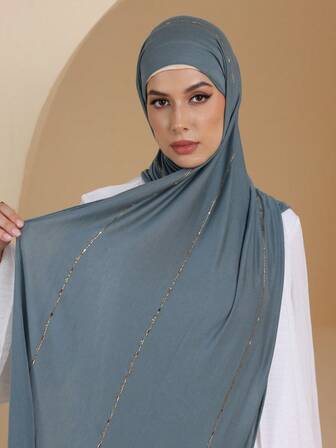 1 Peça Lenço de Cabeça Macio de Malha Simples para Mulheres, Decoração com Strass, Lenço Longo Estilo Árabe Casual, Cor Sólida Conservadora, Adequado para Uso Diário