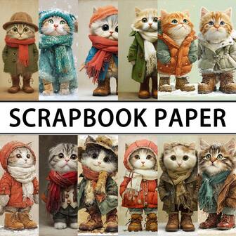 24/36 件复古冬季猫咪剪贴簿纸垫，5.9*5.9 英寸单面冬季雪景可爱小猫背景剪贴簿纸，适用于子弹日记、DIY 工艺品、工艺用品剪贴簿装饰纸