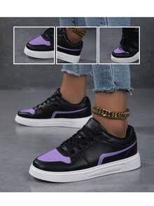 女士休闲运动鞋，时尚街头白鞋，轻便滑板鞋 - 黑紫色 - 查看 6