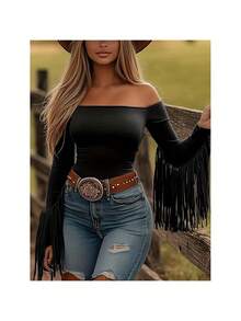 Women's Western Cowgirl Off-Shoulder Fringe Top, Sexy Slim Fitted Long Sleeve Tassel Blouse - 黑色 - 查看 2