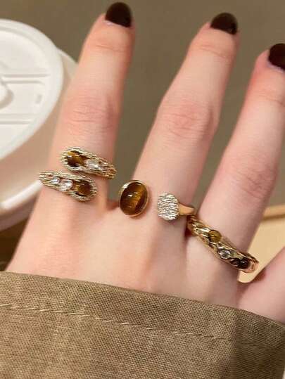 3件套优雅别致复古硬币造型奢华虎眼石和立方氧化锆镶嵌时尚戒指套装，适合女性日常、派对、婚礼等场合佩戴。