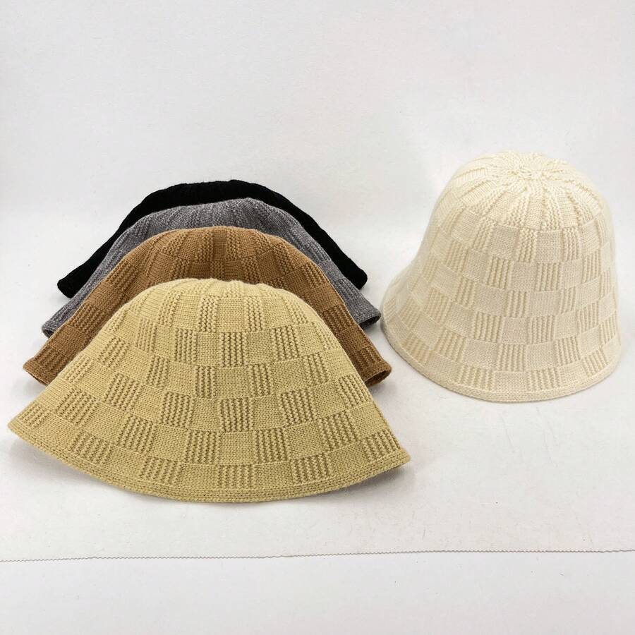 1pc, Plain-Coloured Minimalist Casual Style, Knitted Bucket Hat Featuring Check And Stripe Designs. Winter Bucket Hat, Autumn Outdoor Accessory, Unisex Casual Headwear. Winter Gear