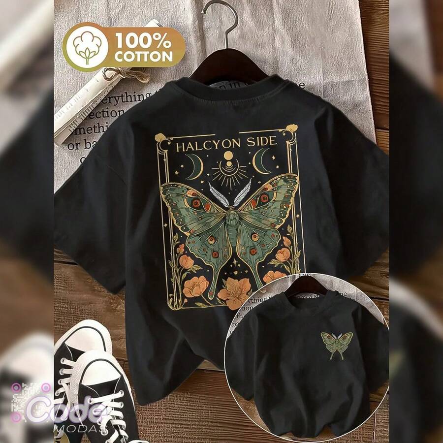 Butterfly Floral T-Shirt Vintage Style Cotton Aesthetic - 黑色 - 查看 1