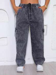 Women's Cargo Jeans - Azul lavado medio - Ver 1