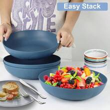 10inches Large Pasta Bowls Set Of 6 - 65oz Wheat Straw Bowl, Bowl Plates, Large Plastic Bowls Reusable Pasta, Salad, Soup, Unbreakable Lightweight Plates Kitchen, Dishwasher , BPA - - 深藍色+6件套裝 - 查看 7