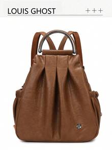 Mochila plegada de piel sintética marrón con asa de anillo metálico y decoración de camelia - Bolso casual de uso diario para mujeres - Multicolor - Ver 11