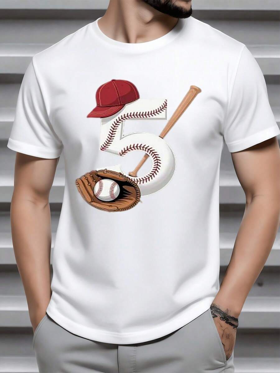 The Graphic Shows The Number 5 Created With Baseball Stitching Accompanied By A Bat, A Glove, And A Red Cap Symbolizing Passion For The Game And Sportsmanship. 100% Cotton Men's T-Shirt, Comfortable For Daily Use And Casual Activities. - 白色 - 查看 1