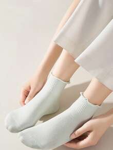 3 pares de calcetines de tubo medio con encaje de unicolor, frescos y lindos para estudiantes mujeres en primavera y otoño