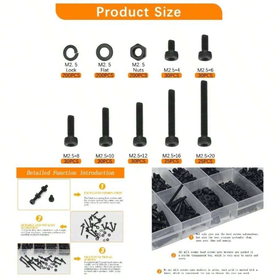 800 Pcs M2.5 Metric Screw Assortment Kit Assorted Bolts Nuts And Washers Kit M2.5x4mm 6mm 8mm 10mm 12mm 16mm 20mm Fully Threaded Assortment Kit Hex Socket Cap Screws Bolts Nuts Washers Set - 黑色尺寸:800件 - 查看 1