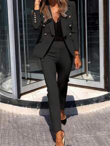 Damen Anzug mit einfarbiger Blazer, Kragen, dekorativen Knöpfen und elastischer Taille, Pendler-Outfit - Schwarz - Übersicht 5