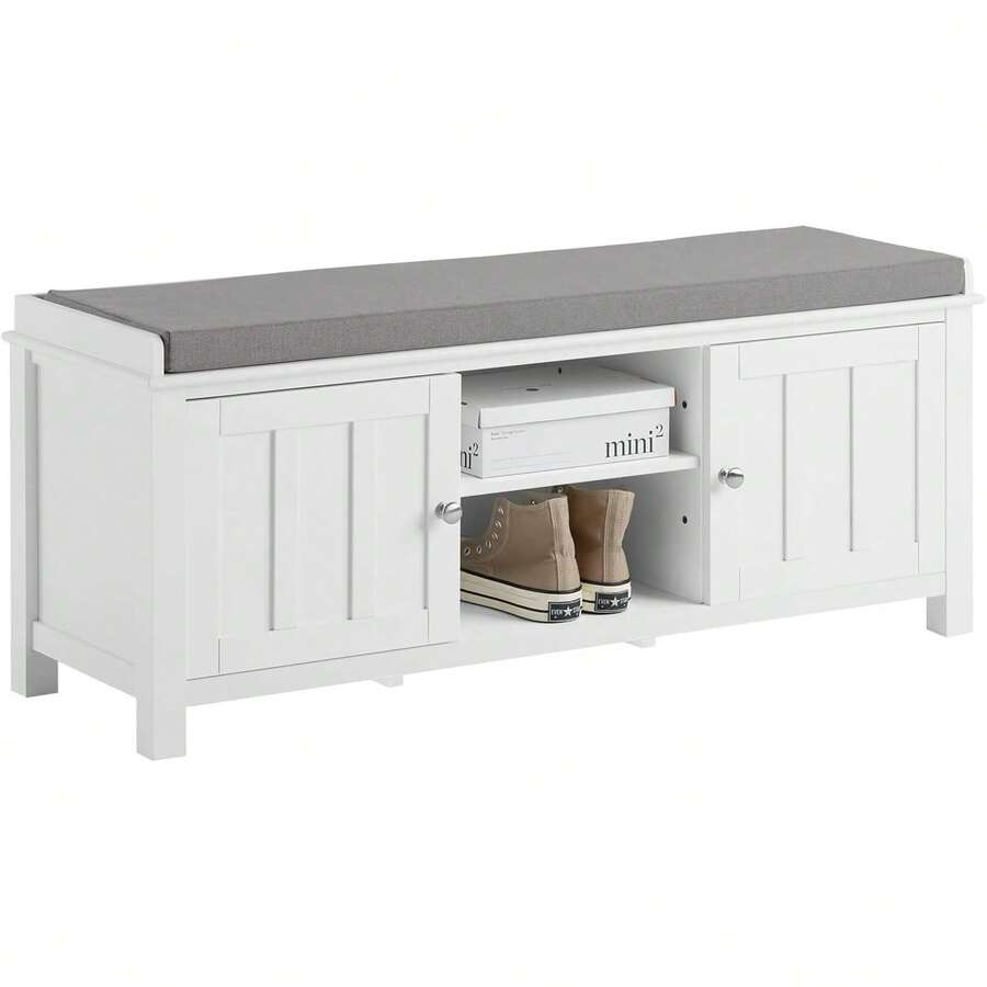 SoBuy Banc à chaussures avec rangement pour entrée, avec 2 placards et éères, placard en bois blanc, coussin confortable de 4, charge maximale 150 kg, L105xP35xH43, montage facile, FSR35- - 1 - Voir 1