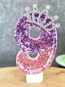 1Pc Gradient Purple Pink Sequin Number 0-9 Birthday Candle With Rhinestone Crown Princess Style Cake Topper Candle Kids Birthday Party Layout Supplies - Multicolor - View 19