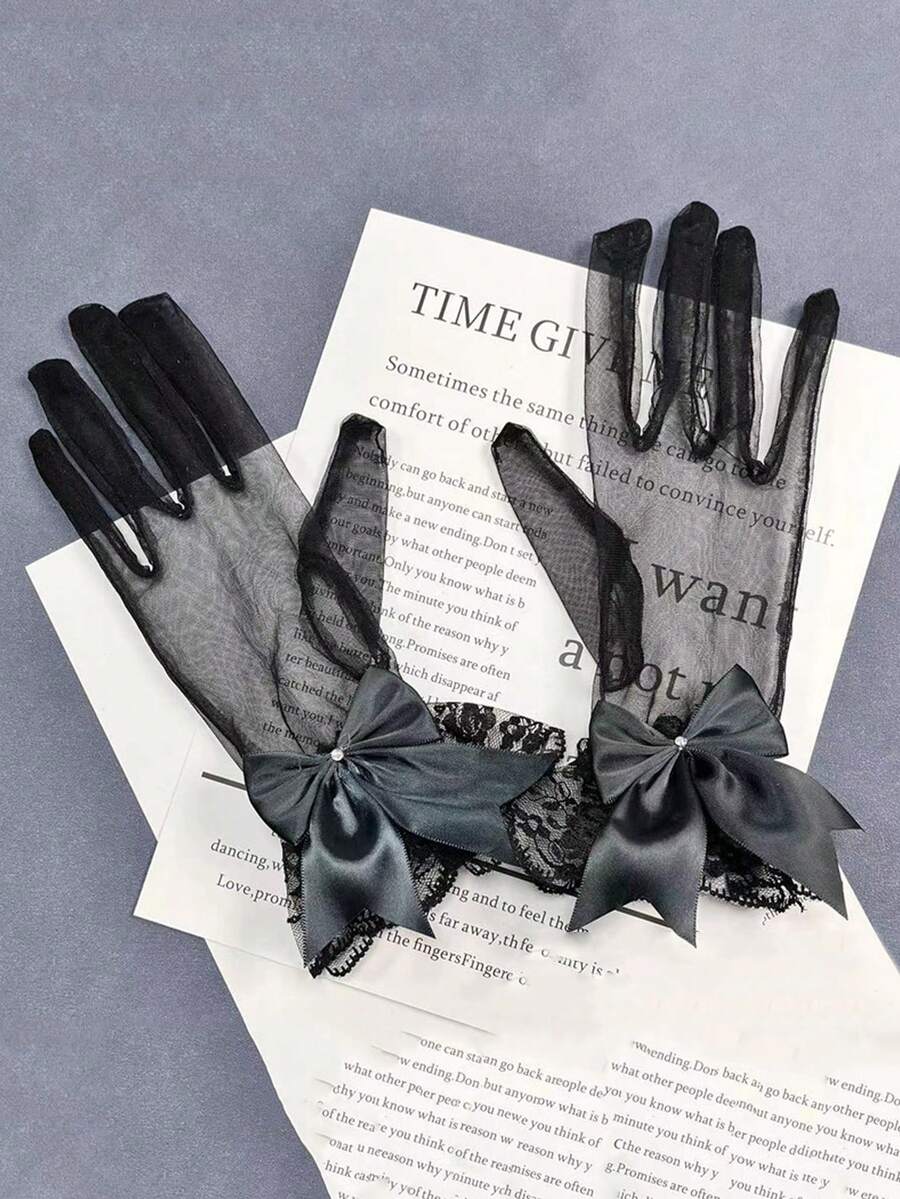 1 Pair Vintage Lace Trim Bow Decor Short Veil Bridal Gloves, Black, For Wedding Dress, Photography Valentine's Day Accessories - Multicolor - View 1