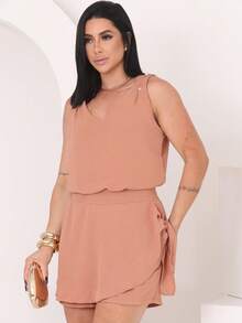 Women's Tank Top And Skirt Set With Elegant Bow - Formal - Beige - Visa 2