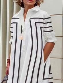 Plus Size Women Geometric Pattern Woven Fabric Buttoned Shirt Dress, With Pockets, Office, Home, Airport Casual Wear, Spring/Summer