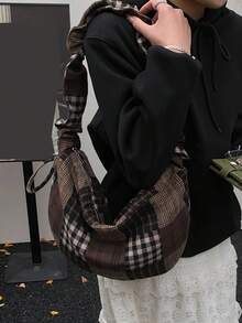 Vintage Coffee Color Bag, Japanese Minimalist Forest Style Plaid Shoulder Bag, Fashion Pleated Bow Zipper Closure Crossbody Bag, School/College/Work Lightweight Foldable Cloth Bag, Suitable For Shopping, Daily Commute, Crescent Moon Bag, Autumn/Winter Vintage Coffee Color Bag - Multicolor - View 9