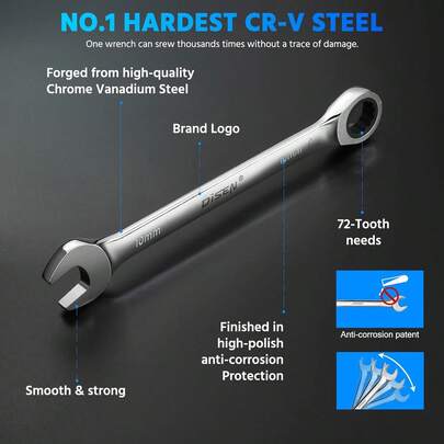 DISEN - Llave combinada de carraca de 9/16 pulgadas de 16 mm, llave estándar de 9/16 con acero al cromo vanadio, extremo de caja de 72 dientes y llave de carraca de extremo abierto para espacio