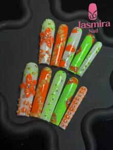 10 Pcs Set Of Pure Handmade 3D Square Nail Art, Y2k Gothic Style Extra-Long Coffin-Shaped Press-On Nails, Green Nails, Including Fluorescent Green Contrasting Colors, Ink Texture, Three-Dimensional Flowers, And Broken Diamonds. Nail Art Products Designed Specifically For Women And Girls, Suitable For Parties, Celebrations, Campus Repeated Wear And Daily Wear, It Is An Excellent Gift For Women And Girls.