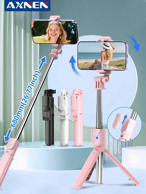 AXNEN 680mm/26.77inch Portable Selfie Stick With Wireless Remote, Phone Tripod, Extendable Stand, Compatible With IPhone And Android Phones, Suitable For Photography And Video Recording, Outdoor Activities, Live Streaming, Christmas And Halloween Holiday Documentation