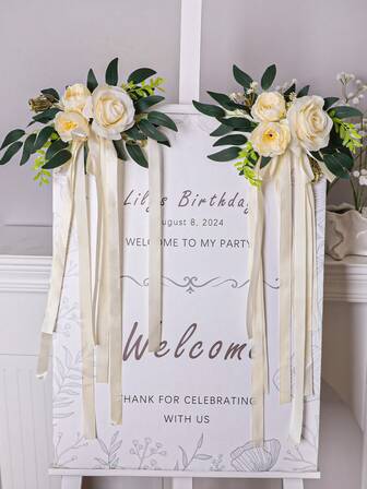 1/2pcs Artificial Wedding Rose Ribbon Wreath, Realistic Eucalyptus Leaf Rose Wall Decor, Wholesale White, Champagne PE Material, Polyester Fiber Artificial Flowers, Realistic Plants, Suitable For Outdoor Parties, Events, Holidays, Birthdays, Wedding Receptions, Patio Entrances, Home Decor, Restaurants, Bedrooms, Gardens, Wedding Decorations, Valentine's Day Decor