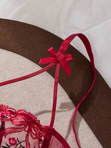 2PCS Women's Embroidered Butterfly Flower Sexy Intimate Underwear Set, Semi-Transparent Bust Enhancing Strappy Short Top And Thong, Home Comfort Style Two Pieces Lingerie Set - 酒紅色 - 查看 3