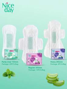 Niceday 46pcs (20pcs/6.1in + 10pcs/9.6in + 16pcs/11.2in) Aloe Vera Sanitary Pads, Aloe Vera Liners, Daily Use Ultra-Thin Menstrual Pads, Night Use Super Soft Period Care Pads, Breathable And Dry, No Irritation, Prevent Leakage For Heavy Flow - 46pcs(20pcs/155mm+10pcs/245mm+16pcs/285mm) - View 12