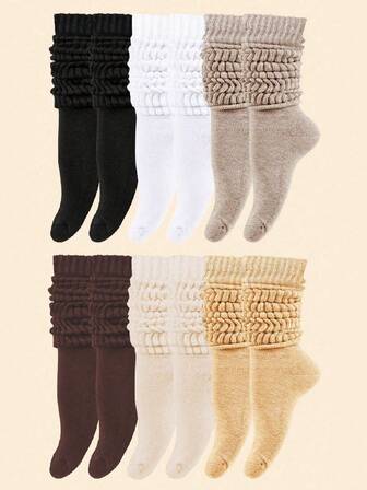 6 Pairs Of Women's Calf Socks, Layered Stockings, Autumn And Winter Casual Knitted Socks, Women's Scrunchie Socks, Casual Socks,Maillard Color