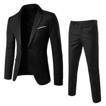 Men's Business Suit Set Professional Formal Wear Two-Piece Slim-Fit Suit Korean Style Best Man & Groom Wedding Attire - 黑色 - 查看 5