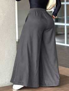 Pantalones anchos y sueltos de unicolor y casual para mujer, elegantes y minimalistas para la primavera - Gris Oscuro - Ver 7